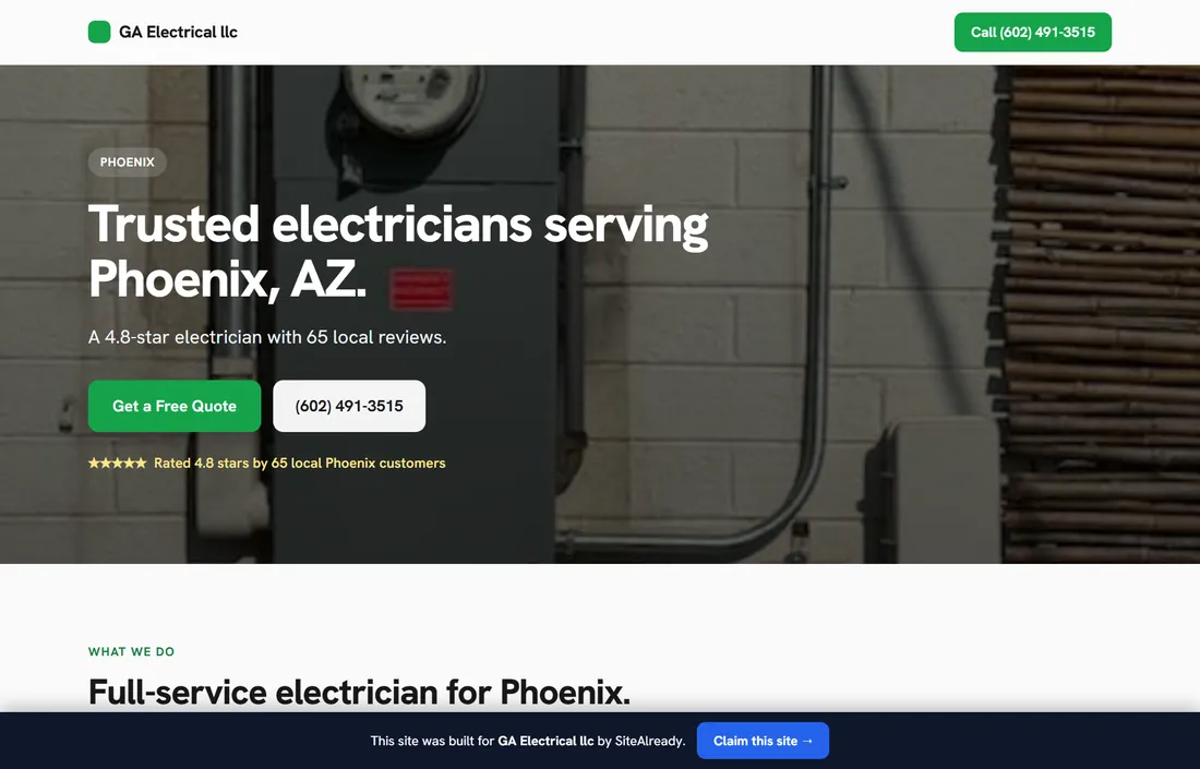 A real website SiteAlready built for a local electrician